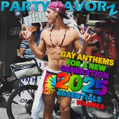Cute shirtless and ripped twink in tye dye rainbow colored board shorts in front of anti-gay protestors for the cover art of Gay Anthems For a New Generation 2025 Volume 2