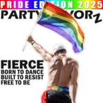 Shirtless hunky man with rainbow shorts holding a Gay Pride flag in defiance for the cover art of Gay Pride Edition 2025