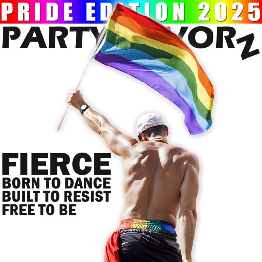 Shirtless hunky man with rainbow shorts holding a Gay Pride flag in defiance for the cover art of Gay Pride Edition 2025