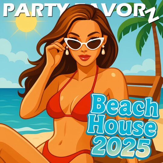Hed Kandi inspired artwork of woman in a bikini on the beach with her sunglasses slightly down her nose as she gazes at something for the cover art of Beach House 2025