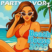 Hed Kandi inspired artwork of woman in a bikini on the beach with her sunglasses slightly down her nose as she gazes at something for the cover art of Beach House 2025