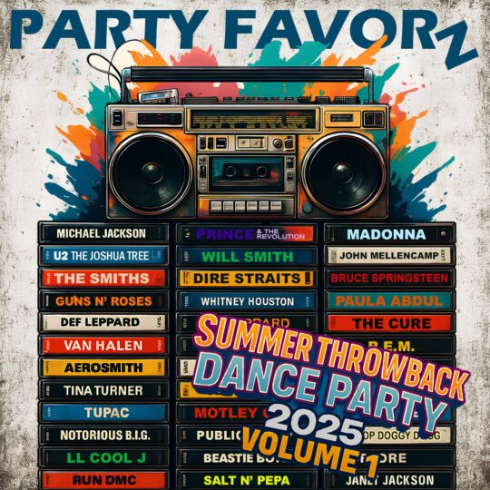 Colorful, grungy boombox sitting atop a stack of cassettes featuring artists from the 80's, 90's, and early 2000's for the coverart of Summer Throwback Dance Party 2025 Volume 1