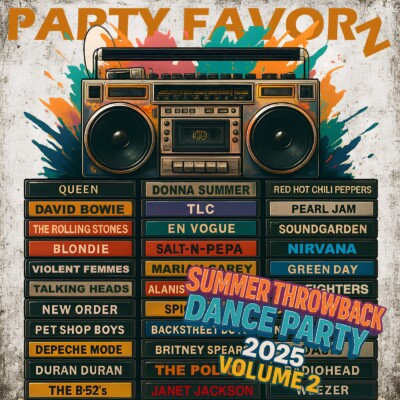 Colorful, grungy boombox sitting atop a stack of cassettes featuring artists from the 80's, 90's, and early 2000's for the coverart of Summer Throwback Dance Party 2025 Volume 2