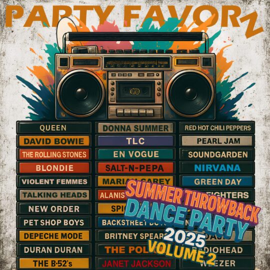 Colorful, grungy boombox sitting atop a stack of cassettes featuring artists from the 80's, 90's, and early 2000's for the coverart of Summer Throwback Dance Party 2025 Volume 2