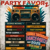 Colorful, grungy boombox sitting atop a stack of cassettes featuring artists from the 80's, 90's, and early 2000's for the coverart of Summer Throwback Dance Party 2025 Volume 3
