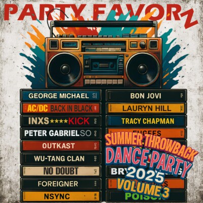 Colorful, grungy boombox sitting atop a stack of cassettes featuring artists from the 80's, 90's, and early 2000's for the coverart of Summer Throwback Dance Party 2025 Volume 3