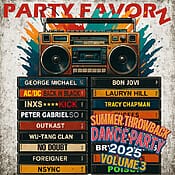 Colorful, grungy boombox sitting atop a stack of cassettes featuring artists from the 80's, 90's, and early 2000's for the coverart of Summer Throwback Dance Party 2025 Volume 3