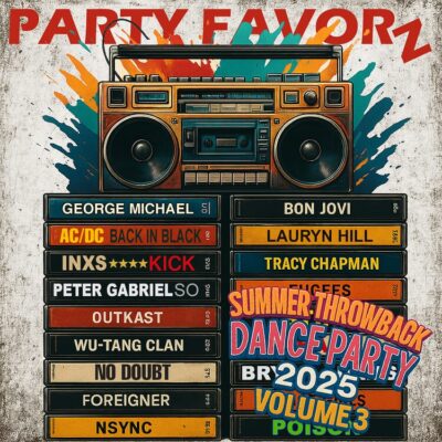 Colorful, grungy boombox sitting atop a stack of cassettes featuring artists from the 80's, 90's, and early 2000's for the coverart of Summer Throwback Dance Party 2025 Volume 3