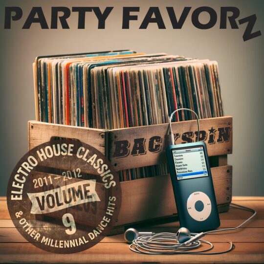 A crate full of albums with an iPod and earbuds leaning on it for the cover art of BackSpin: 2011 — 2012 Volume 9