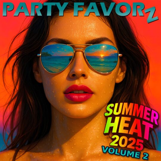 Digital art photo of woman's face dripping with sweat wearing sunglasses that reflect the ocean for the cover art of Summer Heat 2025 Volume 2