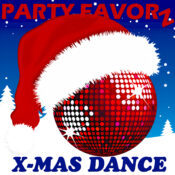 Red disco ball with a Santa cap on a wintery background for the cover art of X-mas Dance.