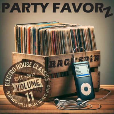 A crate full of albums with an iPod and earbuds leaning on it for the cover art of BackSpin: 2011 — 2012 Volume 11