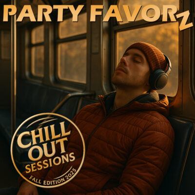 Young man in an amber puff coat and skull cap with headphones on leaning back in a subway car chill out for the cover art of Chill Out Sessions — Fall Edition 2025