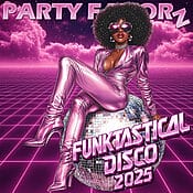 Sexy Black woman with afro in a tight rubber pink catsuit sitting on a disco ball for the cover art of Funktastical Disco 2025