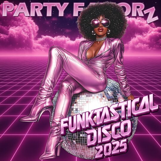 Sexy Black woman with afro in a tight rubber pink catsuit sitting on a disco ball for the cover art of Funktastical Disco 2025