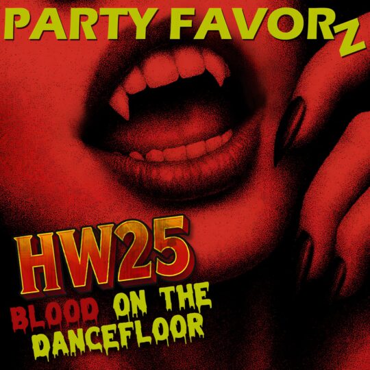 Picture of an open femal vampire mouth with long fingernails in a grungy red overlay for the cover art of HW25—Blood On the Dancefloor
