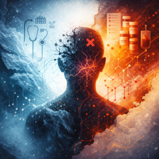 The cover art is an abstract, split-tone portrait symbolizing conflict between illness, treatment, and endurance—cold systems on one side, harsh intervention on the other, with the human figure caught in between.