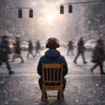 Man in a wooden chair wearing headphones sits in the middle of a snowy city intersection, facing oncoming traffic and blurred pedestrians moving around him, while the **Party Favorz** logo appears above and a **Chill Out Sessions Winter 2026** badge sits in the corner.