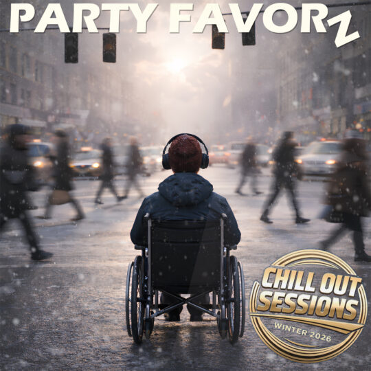 Man in a wheelchair wearing headphones sits in the middle of a snowy city intersection, facing oncoming traffic and blurred pedestrians moving around him, while the **Party Favorz** logo appears above and a **Chill Out Sessions Winter 2026** badge sits in the corner.