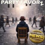 Man in a wooden chair wearing headphones sits in the middle of a snowy city intersection, facing oncoming traffic and blurred pedestrians moving around him, while the **Party Favorz** logo appears above and a **Chill Out Sessions Winter 2026** badge sits in the corner.