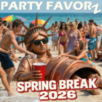 Party Favorz Spring Break 2026 cover art showing a crowded beach party with a toppled bronze Statue of Liberty wearing black Ray-Bans and holding a red plastic Solo cup, a joint in her mouth, while a shirtless man pours beer into the cup as spring breakers in swimsuits laugh, dance, and gather by the ocean.