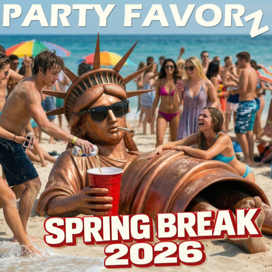 Party Favorz Spring Break 2026 cover art showing a crowded beach party with a toppled bronze Statue of Liberty wearing black Ray-Bans and holding a red plastic Solo cup, a joint in her mouth, while a shirtless man pours beer into the cup as spring breakers in swimsuits laugh, dance, and gather by the ocean.