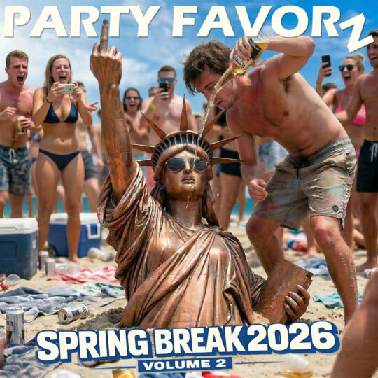 Spring Break 2026 Volume 2 artwork featuring a beach party scene with a Statue of Liberty replica wearing sunglasses and partially buried in sand, raising a middle finger while a shirtless man pours beer over her head, surrounded by a cheering crowd in swimwear with coolers and drinks under a bright blue sky.