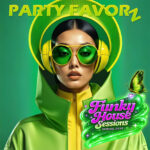 Digital art of a woman in a lime green hoodie and oversized sunglasses with a butterfly on a neon Funky House Sessions logo
