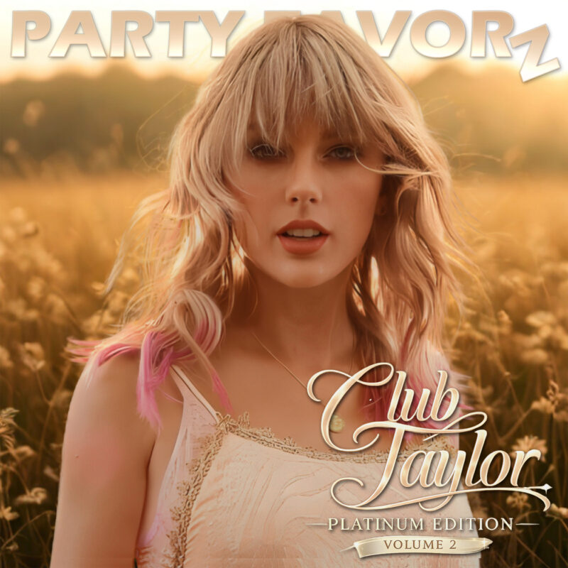 Taylor Swift stands in a sunlit field at golden hour wearing a soft cream-colored dress with pink accents in her hair. Warm sunlight surrounds her while the Party Favorz logo appears across the top. Elegant gold script text in the lower right reads “Club Taylor Platinum Edition Volume 2.”