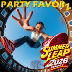 Young woman jumping toward the camera through a fisheye lens effect, promoting Summer Leap 2026 Volume 1, a House Music and dance club mix by Party Favorz.