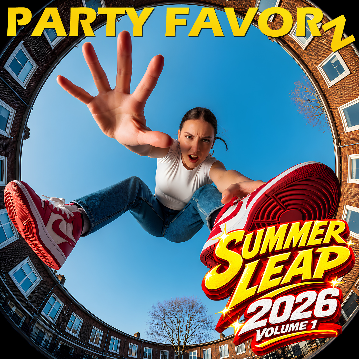 Young woman jumping toward the camera through a fisheye lens effect, promoting Summer Leap 2026 Volume 1, a House Music and dance club mix by Party Favorz.