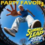 Young man jumping toward the camera against a blue sky, surrounded by curved apartment buildings, with Party Favorz Summer Leap 2026 Volume 2 title artwork.
