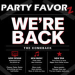 new party favorz logo on a black background with the announcement of our return