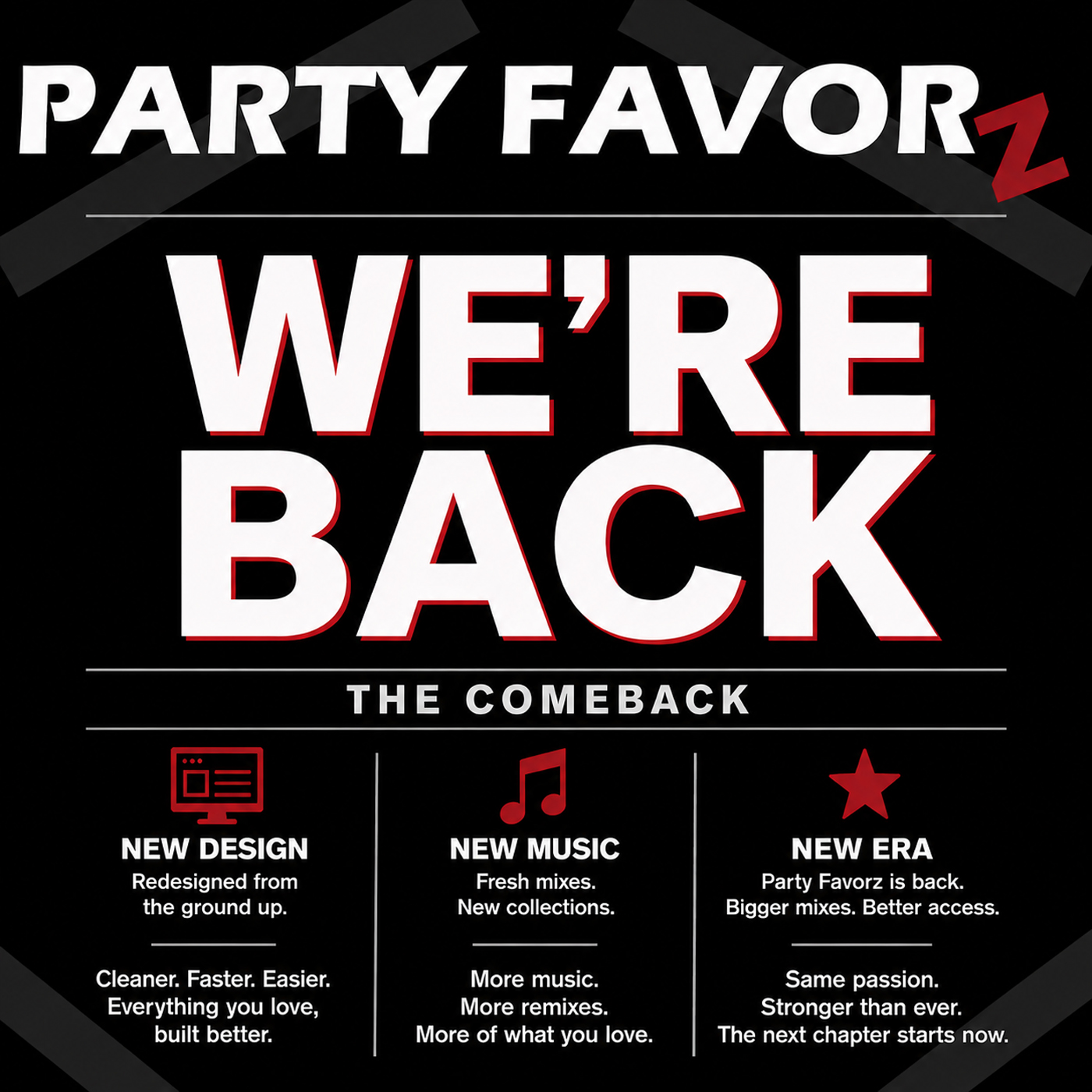 new party favorz logo on a black background with the announcement of our return