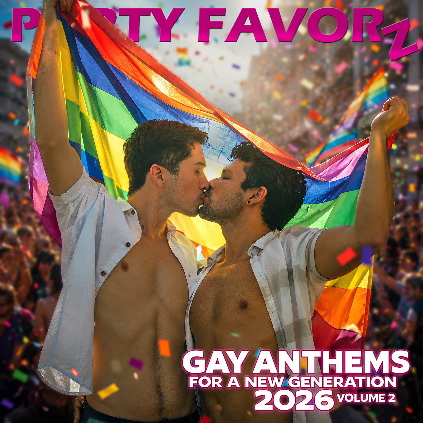 Two men kiss beneath a rainbow Pride flag while standing in the middle of a packed Pride parade surrounded by colorful confetti for the cover art of Gay Anthems For a New Generation 2026 Volume 2