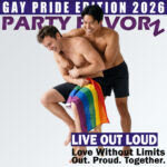 You're right. For accessibility, alt text should simply describe what a screen reader user would see, not that it's promotional artwork. **Alt Text:** Two smiling men share a playful embrace while posing with a rainbow Pride flag draped across a stool. One man sits laughing as the other stands behind him with his arms wrapped around his shoulders. Both wear black shorts against a light gray background. Large purple and white text at the top reads “Gay Pride Edition 2026” and “Party Favorz.” A purple banner near the bottom reads “Live Out Loud,” followed by the phrases “Love Without Limits” and “Out. Proud. Together.”