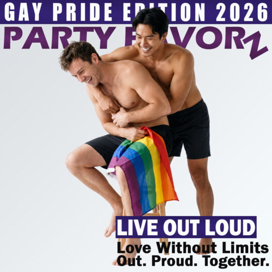 You're right. For accessibility, alt text should simply describe what a screen reader user would see, not that it's promotional artwork. **Alt Text:** Two smiling men share a playful embrace while posing with a rainbow Pride flag draped across a stool. One man sits laughing as the other stands behind him with his arms wrapped around his shoulders. Both wear black shorts against a light gray background. Large purple and white text at the top reads “Gay Pride Edition 2026” and “Party Favorz.” A purple banner near the bottom reads “Live Out Loud,” followed by the phrases “Love Without Limits” and “Out. Proud. Together.”