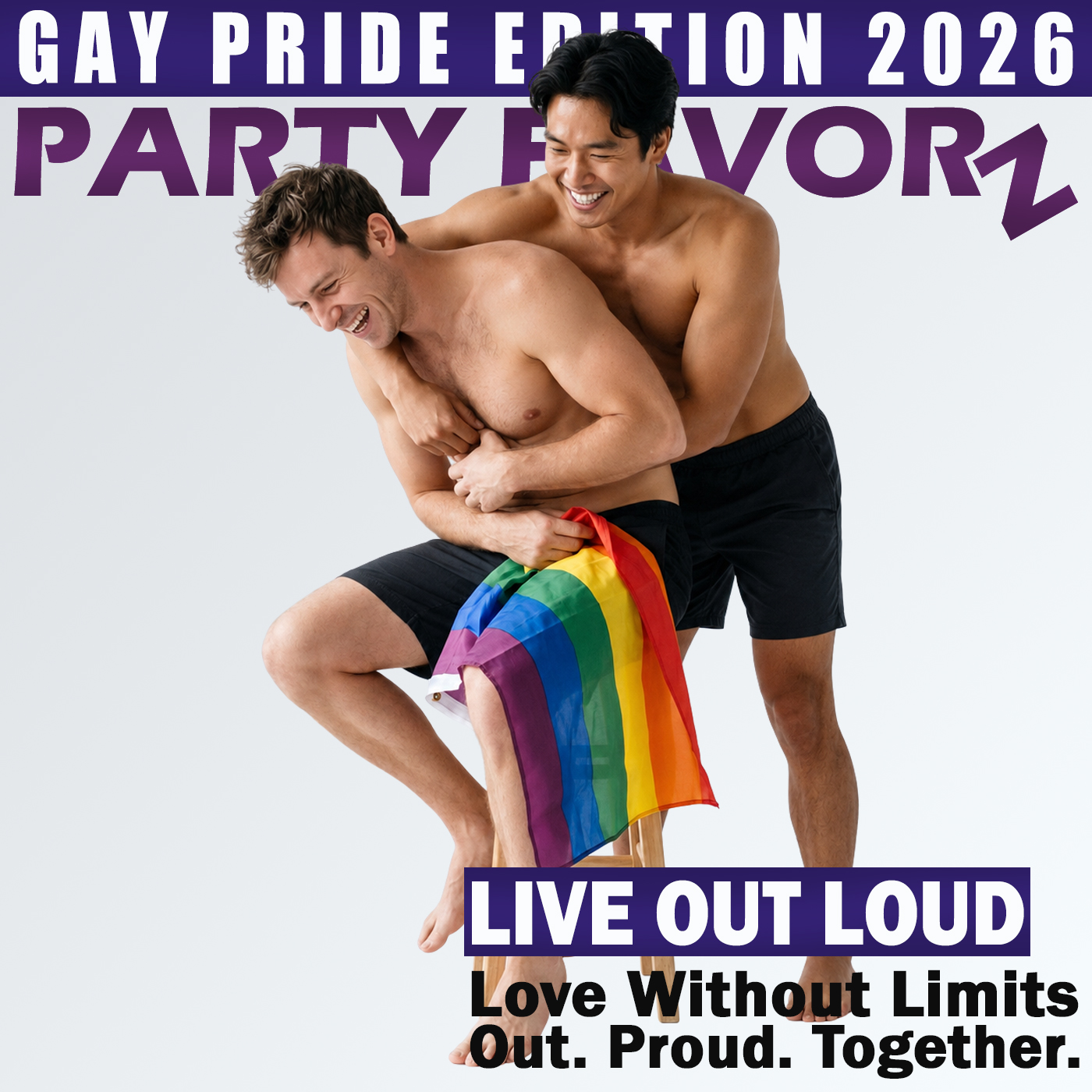 You're right. For accessibility, alt text should simply describe what a screen reader user would see, not that it's promotional artwork. **Alt Text:** Two smiling men share a playful embrace while posing with a rainbow Pride flag draped across a stool. One man sits laughing as the other stands behind him with his arms wrapped around his shoulders. Both wear black shorts against a light gray background. Large purple and white text at the top reads “Gay Pride Edition 2026” and “Party Favorz.” A purple banner near the bottom reads “Live Out Loud,” followed by the phrases “Love Without Limits” and “Out. Proud. Together.”