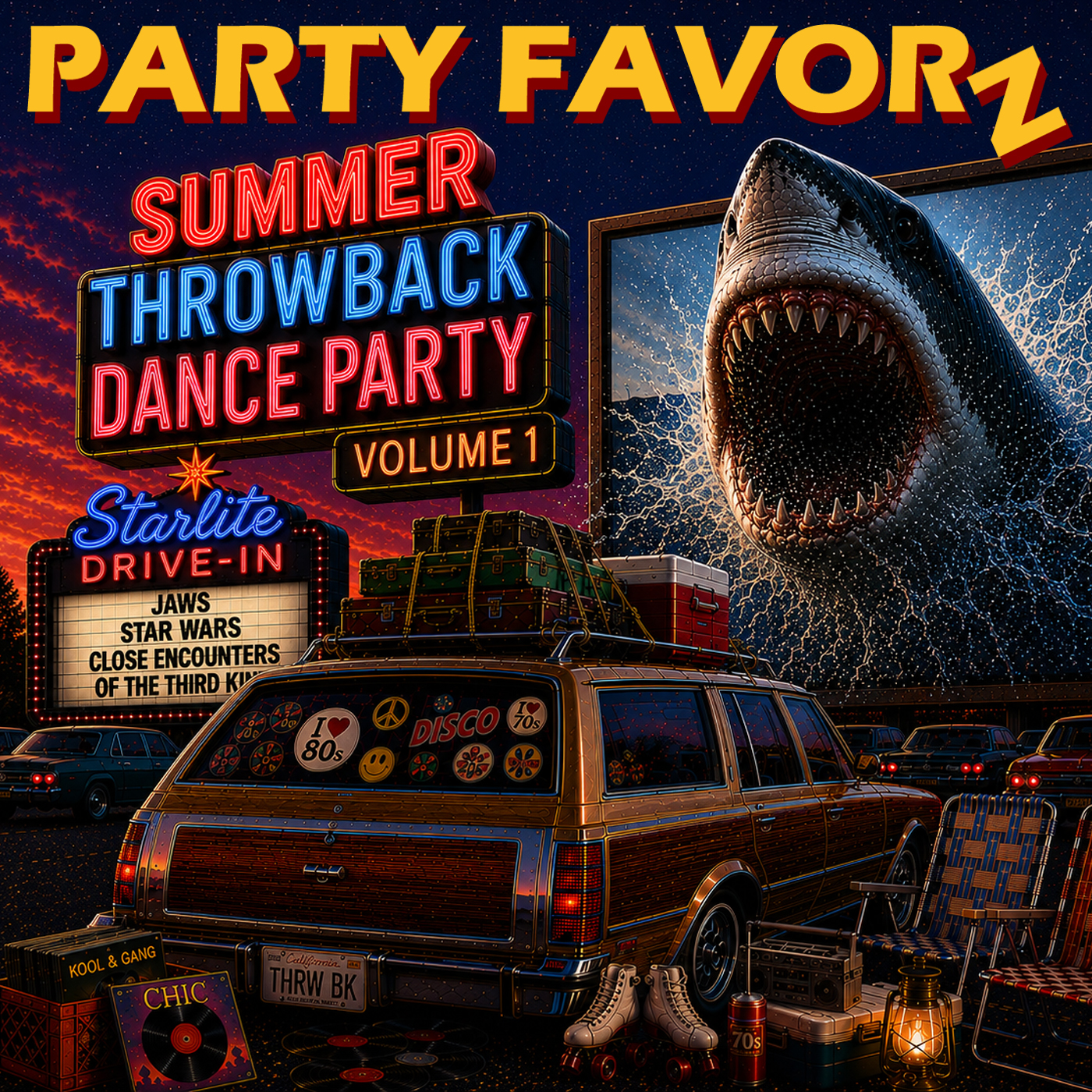 Summer Throwback Dance Party Volume 1 artwork featuring a retro drive-in theater, a wood-paneled station wagon loaded with luggage, classic disco memorabilia, and a giant great white shark bursting through the movie screen beneath a colorful summer sunset.
