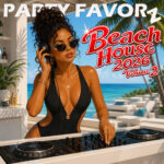 Beach House 2026 Volume 2 artwork featuring a stylish Black female DJ in sunglasses and a black swimsuit mixing music at a luxury tropical beach house overlooking the ocean.