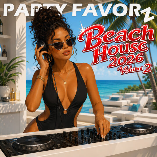 Beach House 2026 Volume 2 artwork featuring a stylish Black female DJ in sunglasses and a black swimsuit mixing music at a luxury tropical beach house overlooking the ocean.