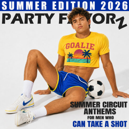 Summer Edition 2026 Volume 2 artwork featuring a male model with a washboard stomach, seated on the floor and leaning back on both hands with one knee raised and the other leg extended beside a soccer ball.