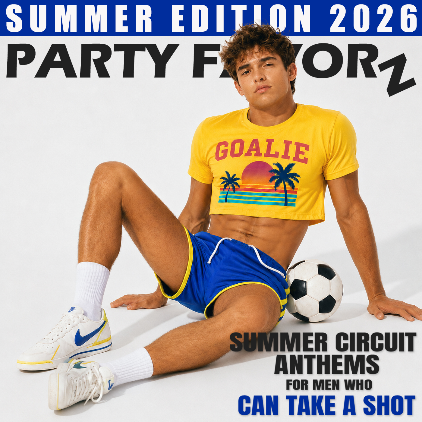 Summer Edition 2026 Volume 2 artwork featuring a male model with a washboard stomach, seated on the floor and leaning back on both hands with one knee raised and the other leg extended beside a soccer ball.