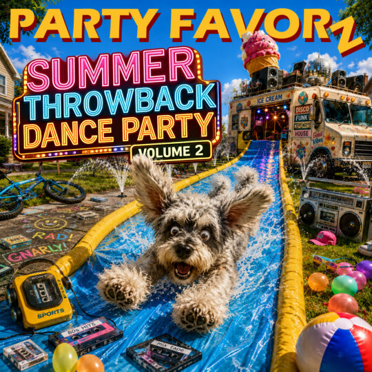 **Alt text:** *Colorful artwork for Party Favorz Summer Throwback Dance Party Volume 2 featuring a happy schnauzer racing down a backyard water slide, with a disco-themed ice cream truck, retro boomboxes, cassette tapes, beach toys, and nostalgic 70s, 80s, 90s, and 2000s dance party vibes.