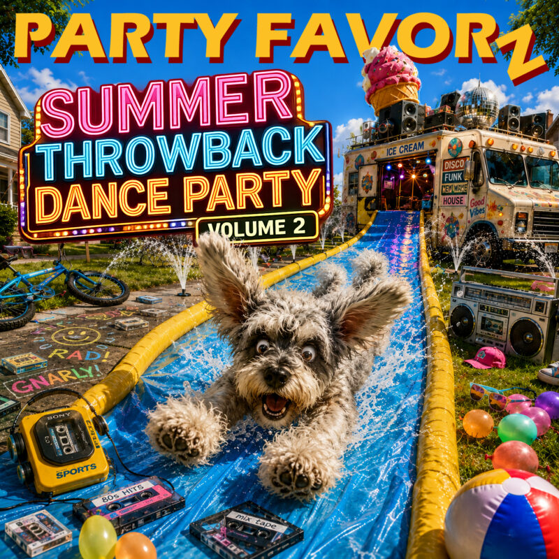 **Alt text:** *Colorful artwork for Party Favorz Summer Throwback Dance Party Volume 2 featuring a happy schnauzer racing down a backyard water slide, with a disco-themed ice cream truck, retro boomboxes, cassette tapes, beach toys, and nostalgic 70s, 80s, 90s, and 2000s dance party vibes.