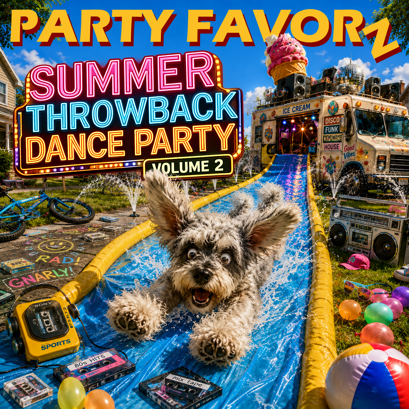 **Alt text:** *Colorful artwork for Party Favorz Summer Throwback Dance Party Volume 2 featuring a happy schnauzer racing down a backyard water slide, with a disco-themed ice cream truck, retro boomboxes, cassette tapes, beach toys, and nostalgic 70s, 80s, 90s, and 2000s dance party vibes.
