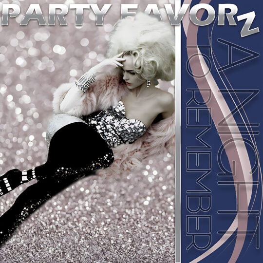 A retro-styled woman with voluminous platinum hair reclines against a sparkling bokeh background, wearing a mirrored-sequin bustier, black embellished leggings and a pink fur stole, with metallic 'PARTY FAVORZ' lettering partially visible at top and a navy vertical panel at right; artwork for Party Favorz episode 'Funky House DJ Mix: A Night To Rem.