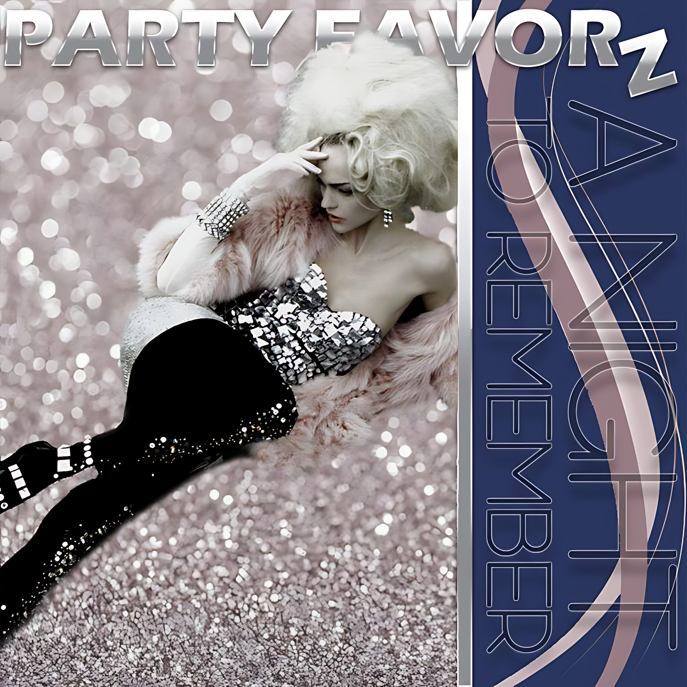A retro-styled woman with voluminous platinum hair reclines against a sparkling bokeh background, wearing a mirrored-sequin bustier, black embellished leggings and a pink fur stole, with metallic 'PARTY FAVORZ' lettering partially visible at top and a navy vertical panel at right; artwork for Party Favorz episode 'Funky House DJ Mix: A Night To Rem.