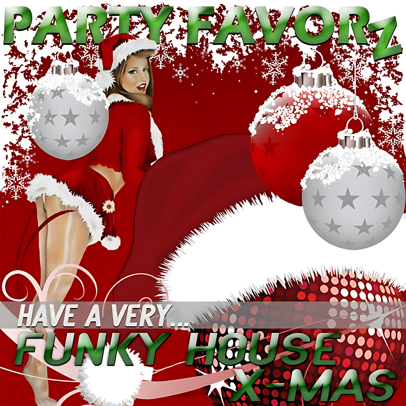 An illustration shows a woman in a red Santa-style outfit and hat looking over her shoulder against a red background with white snowflakes, oversized red and silver Christmas baubles and green 'PARTY FAVORZ' lettering at the top; artwork for the Party Favorz episode 'Funky House X-Mas 2018: A Very Funky House X-Mas'.