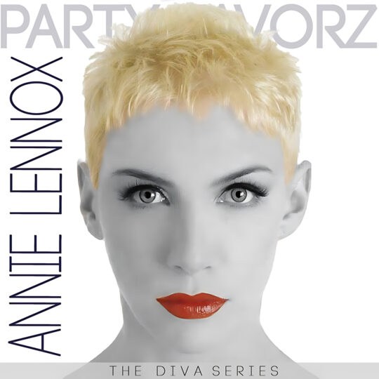 A high-contrast, close-up stylized portrait of a person with very short bleached-blonde hair, pale gray skin, light gray eyes, and bright red lips against a white background, with vertical text reading ANNIE LENNOX at left and faint PARTY FAVORZ at top; artwork for the Party Favorz episode “Diva Hall of Fame: Annie Lennox 2017 Re‑EQ'd Mix.”.